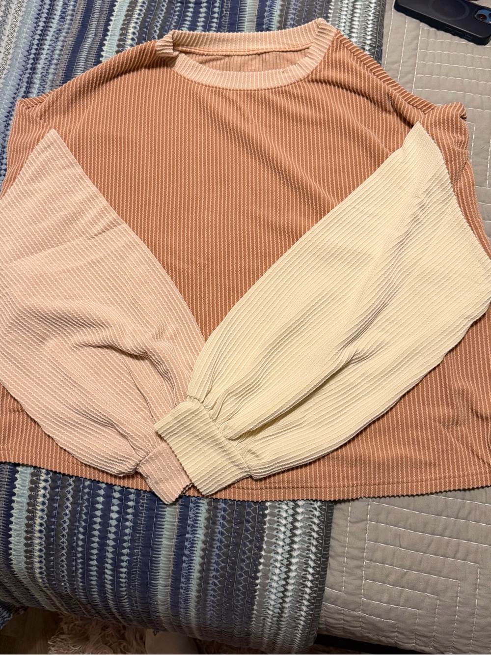 New Colorblock Ribbed Long-Sleeve Top - Peach & Cream